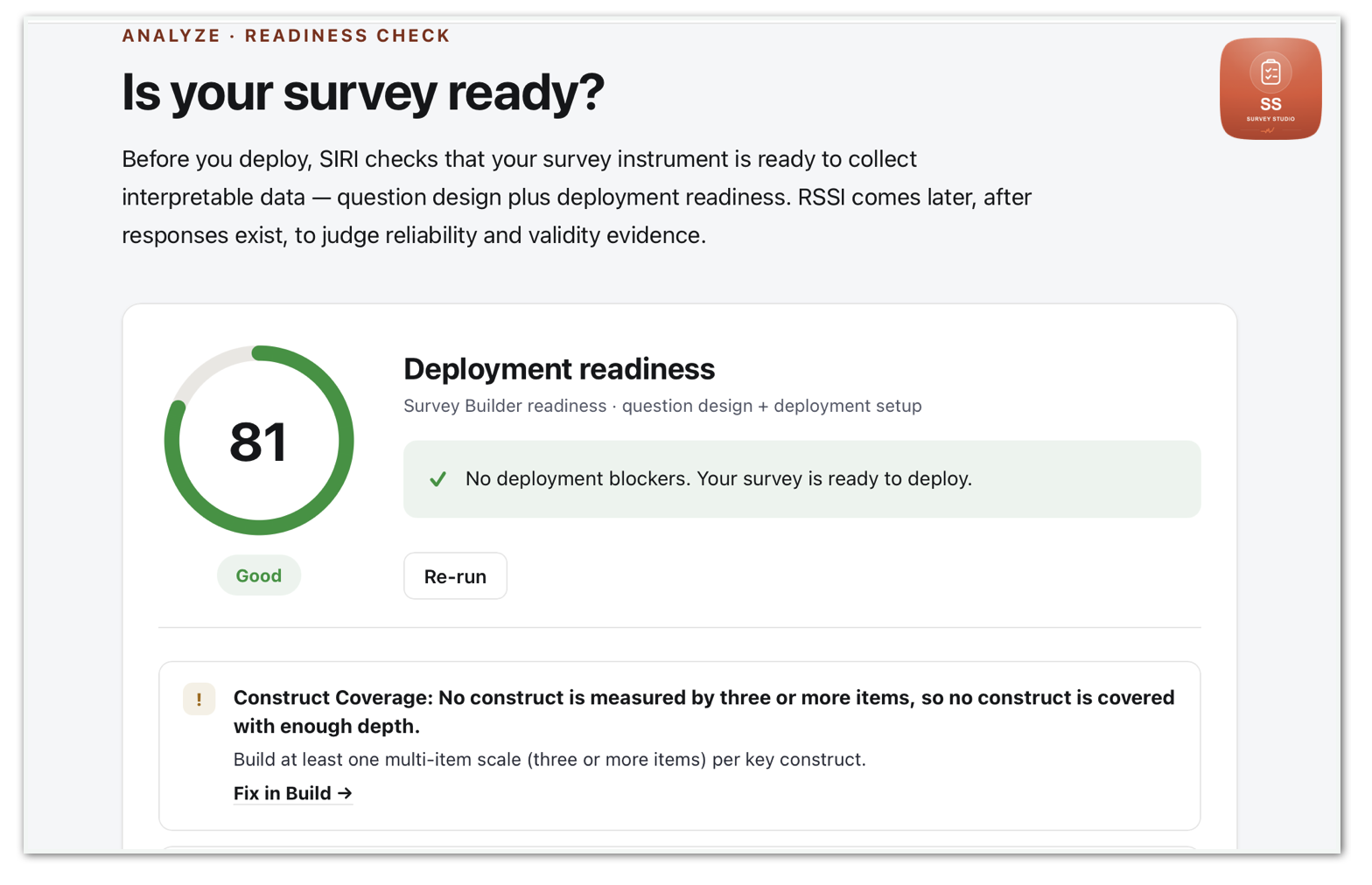 Survey Instrument Readiness Index dashboard