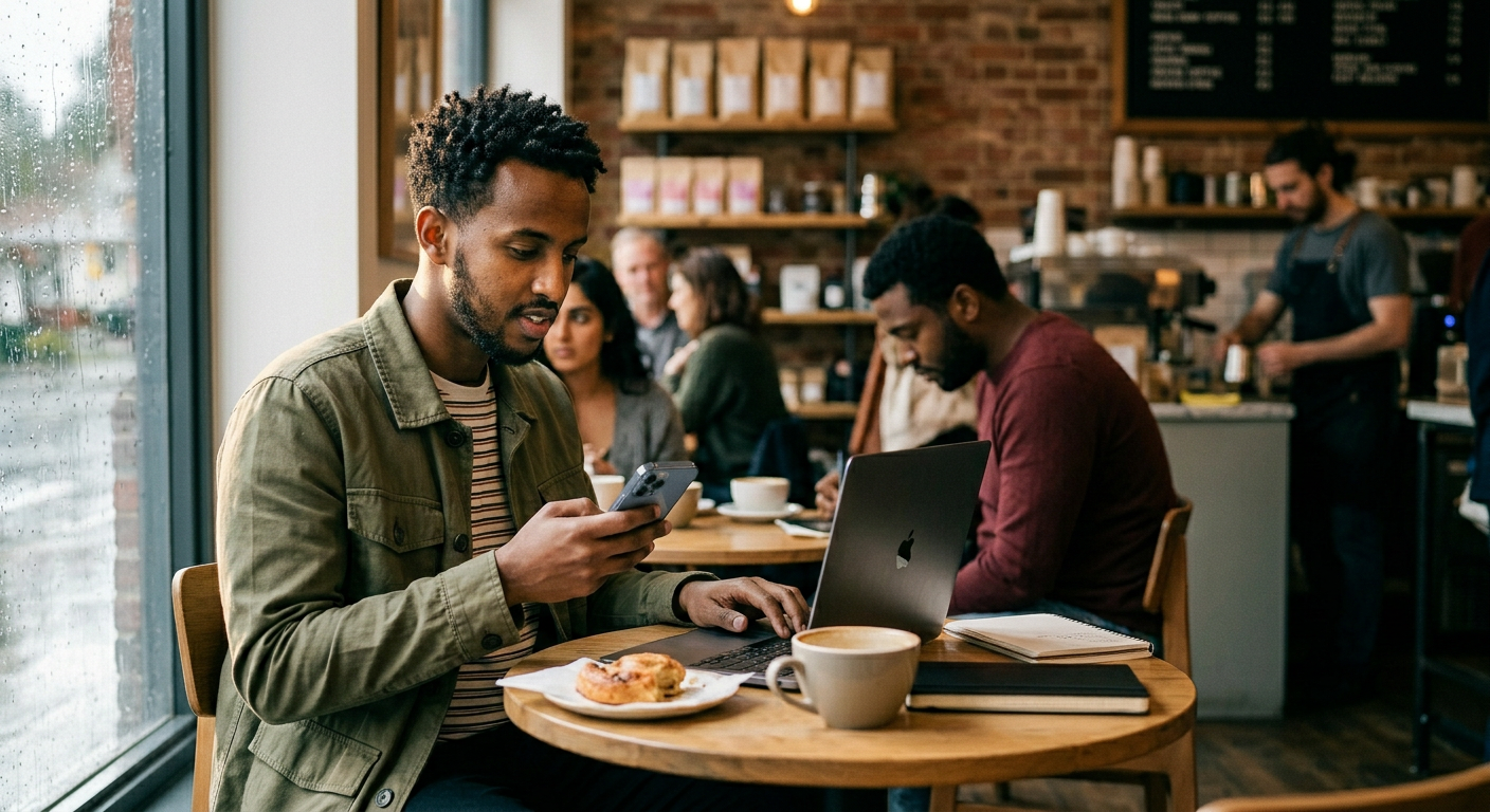 A researcher reviewing a ReliCheck survey on a laptop in a coffee shop