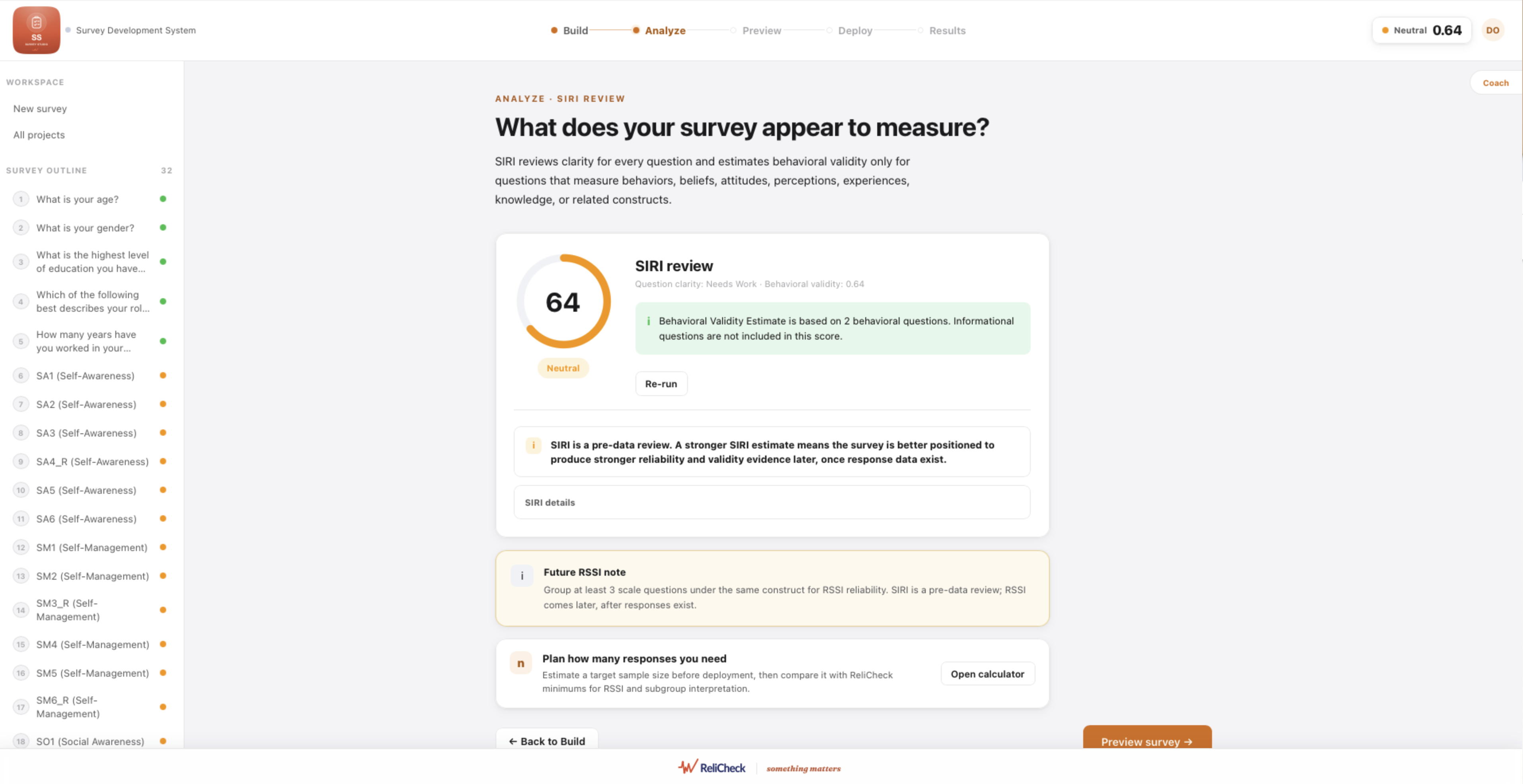 Survey Development System reviewing a 32-item survey before fielding: strength score, question clarity, behavioral validity