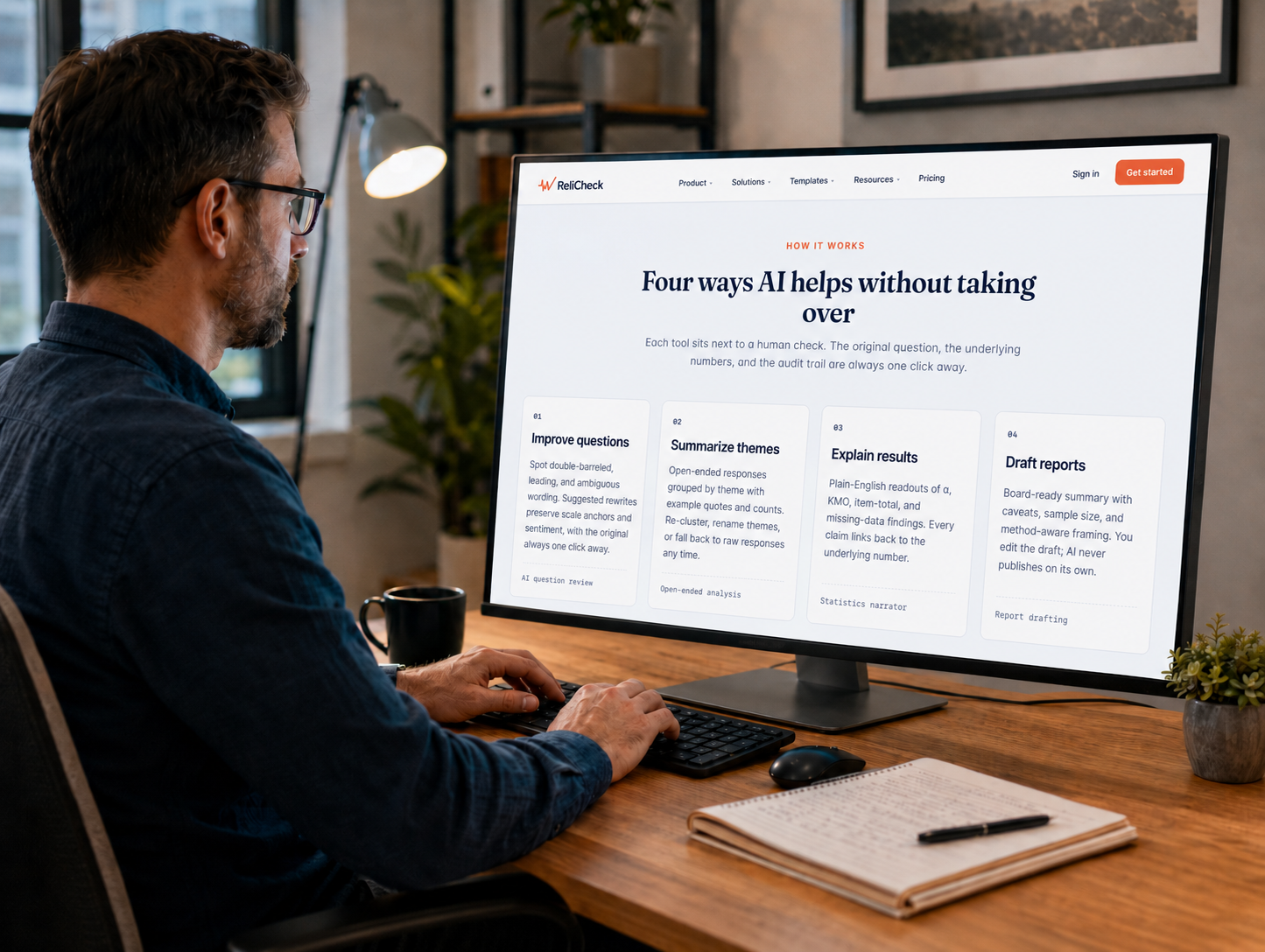 ReliCheck AI features illustrated alongside survey data