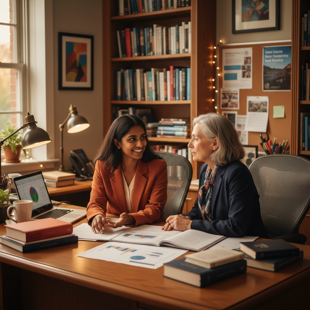Researcher reviewing evidence with an advisor
